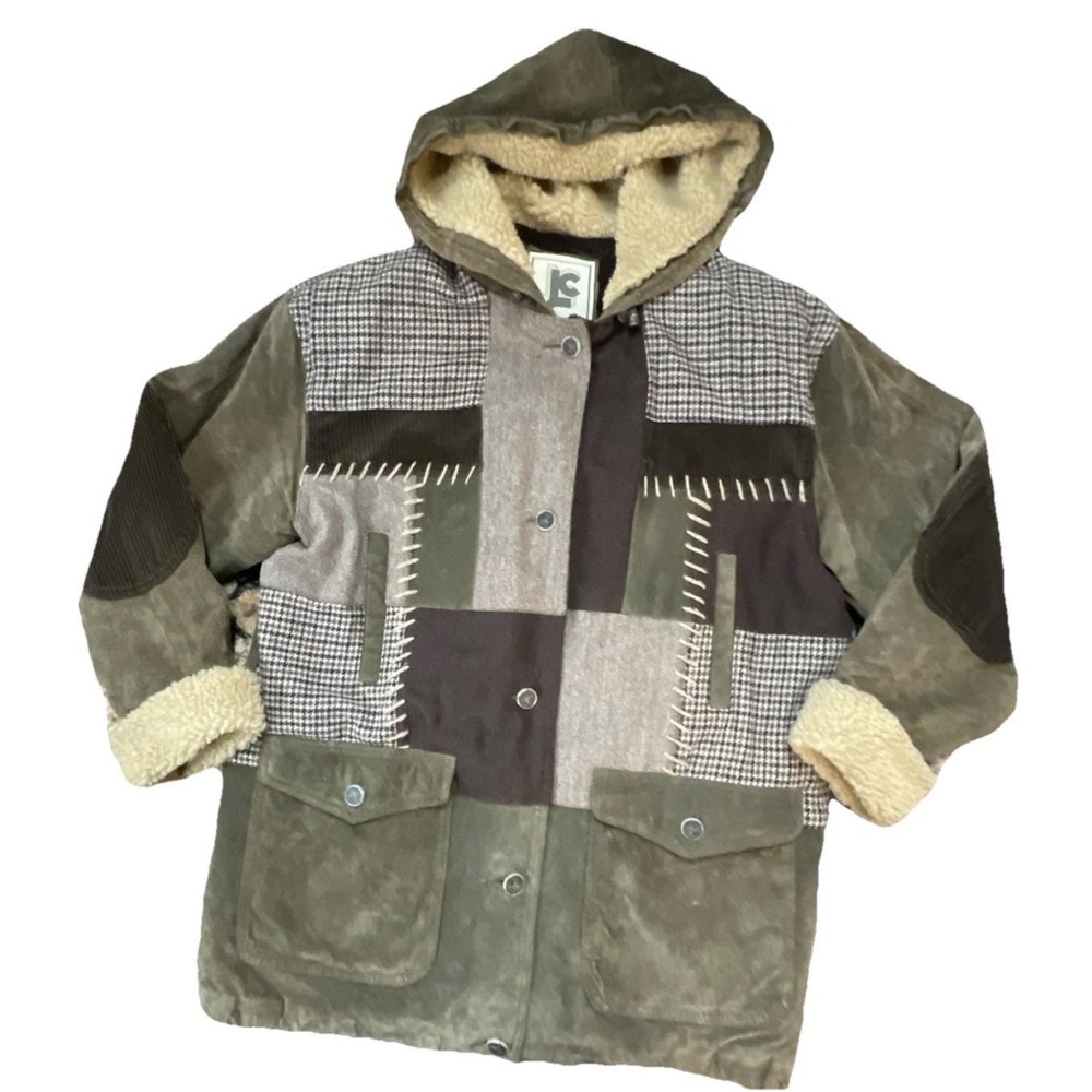 JC Patchwork Suede Wool Corduroy Parka Hooded Oversized Olive Green M VTG 90s